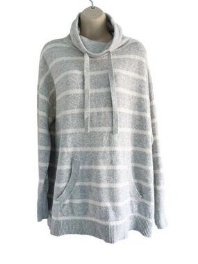 Ann Taylor Loft Womens Sz XL Gray White Striped Funnel Pullover Sweater